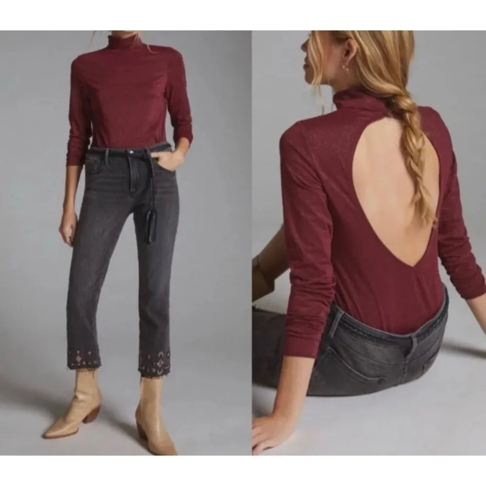 NEW DAILY PRACTICE BY ANTHROPOLOGIE Burgundy Shimmer Open-Back Bodysuit
